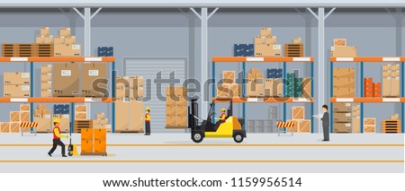 Warehouse Interior with Boxes On Rack And People Working. Flat vector and solid color style Logistic Delivery Service Concept illustration.
