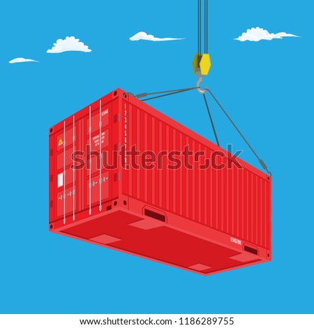 Port crane lifts red container. Perspective view from bottom. Logistics concept vector illustration.