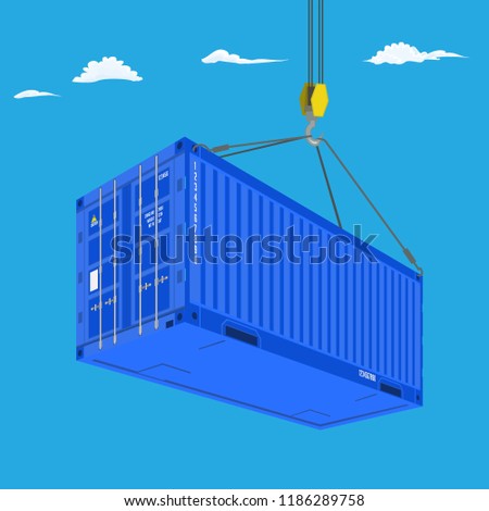 Port crane lifts blue container. Perspective view from bottom. Logistics concept vector illustration.
