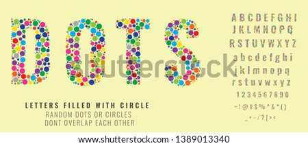 Set of letters made of colored dots or filled with circles. Creative fonts with capital, small letters, numbers and symbols. Vector illustration.