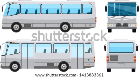 City public bus with flat and solid color style design. Side front and back view. Transparent window glasses. Vector illustration.