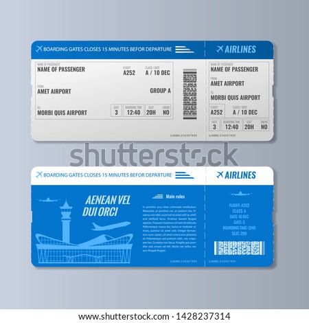 Airline boarding pass or air ticket design template. Double side Realistic Vector illustration.