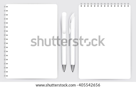 Blank realistic spiral notepad notebook and white pen isolated on white vector. Display Mock up for corporate identity and promotion objects. 