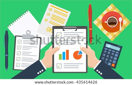 Businessman holding paper sheet in hands, paperwork, consultant, financial audit, financial research report, auditing tax process, data analysis, seo analytic, market stats calculate in vector