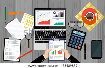 Businessman or analytic holding paper sheet in hands, consultant, financial audit, financial research report, auditing tax process, data analysis, market stats calculate in vector