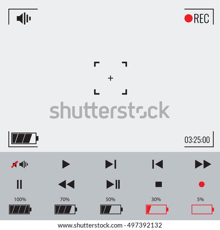 Vector Focusing screen of the camera. Viewfinder camera recording with battery, recording, play, pause and other video icons