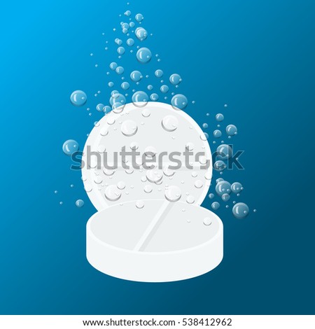 Tablet Dissolving in water isolated on white. Tablet with water drops. Vector illustration. Medicine packaging design template.