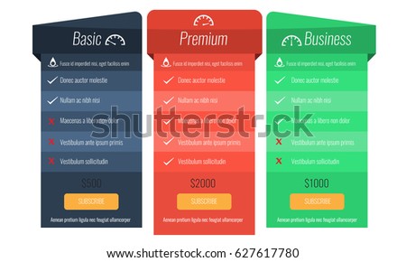 Trendy price list and offer columns. Three columns with blue, red and green color. Flat vector for your design