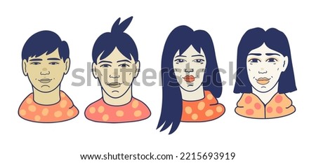 Men and women of Asian appearance on an isolated background. Vector flat illustration. Trends of the year. Avatars for social networks, websites, digital platforms, printing, souvenirs