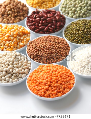 Display of food grains in white bowls
