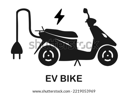 Electric Bike. Electric Vehicle (EV) charging dock with plug icon symbol. Hybrid smart motorcycle battery illustration. Outline vector. Isolated from background.