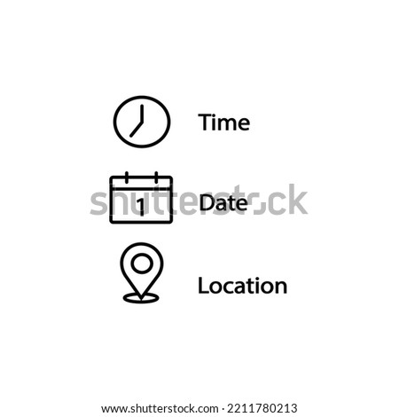 Date, time, location icon in flat style. Event message vector illustration on isolated background. Information sign business concept.
