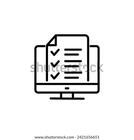 Checklist on the computer screen. Isolated vector illustration in flat style. Desktop computer with digital questionnaire