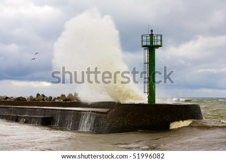 Storms waves exploding against a wall