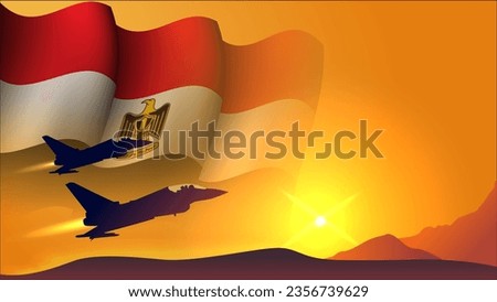 fighter jet plane with egypt waving flag background design with sunset view suitable for national egypt air forces day event vector illustration
