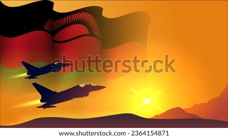 fighter jet plane with malawi waving flag background design with sunset view suitable for national malawi air forces day event vector illustration