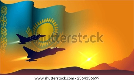 fighter jet plane with kazakhstan waving flag background design with sunset view suitable for national kazakhstan air forces day event vector illustration