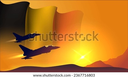 fighter jet plane with belgium waving flag background design with sunset view suitable for national belgium air forces day event vector illustration
