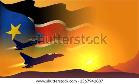 fighter jet plane with south sudan waving flag background design with sunset view suitable for national south sudan air forces day event vector illustration