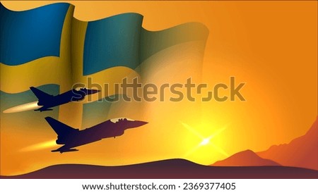 fighter jet plane with sweden waving flag background design with sunset view suitable for national sweden air forces day event vector illustration