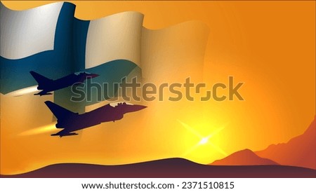 fighter jet plane with finland waving flag background design with sunset view suitable for national finland air forces day event  vector illustration