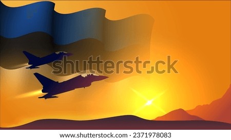 fighter jet plane with estonia waving flag background design with sunset view suitable for national estonia air forces day event vector illustration