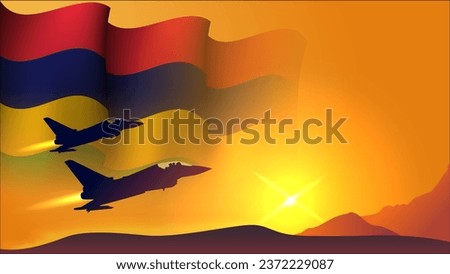 fighter jet plane with mauritius waving flag background design with sunset view suitable for national mauritius air forces day event  vector illustration