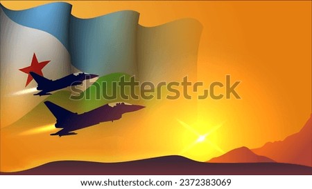 fighter jet plane with djibouti waving flag background design with sunset view suitable for national djibouti air forces day event vector illustration