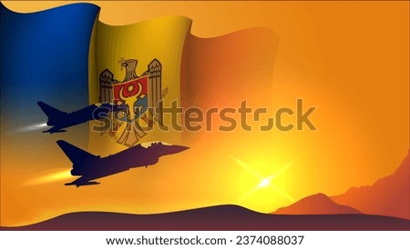 fighter jet plane with moldova waving flag background design with sunset view suitable for national moldova air forces day event vector illustration