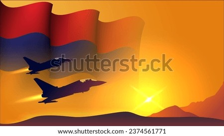 fighter jet plane with armenia waving flag background design with sunset view suitable for national armenia air forces day event vector illustration