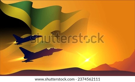 fighter jet plane with jamaica waving flag background design with sunset view suitable for national jamaica air forces day event vector illustration