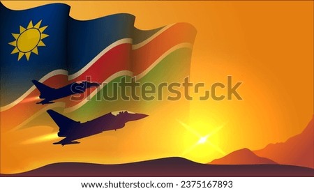 fighter jet plane with namibia waving flag background design with sunset view suitable for national namibia air forces day event  vector illustration