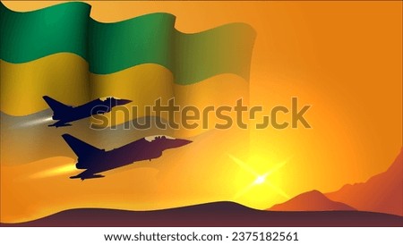 fighter jet plane with gabon waving flag background design with sunset view suitable for national gabon air forces day event vector illustration