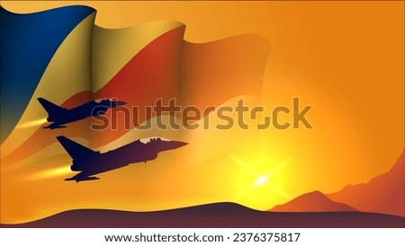 fighter jet plane with seychelles waving flag background design with sunset view suitable for national seychelles air forces day event vector illustration