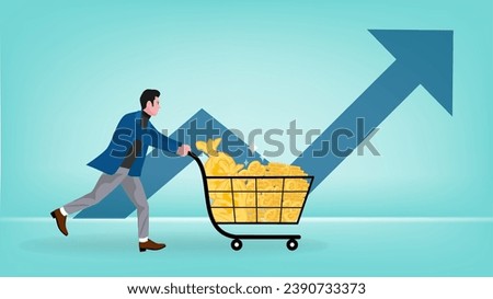 affiliate marketing illustration with the concept of an affiliate pushing a shopping cart containing gold coins, affiliate program concept vector illustration business increase concept