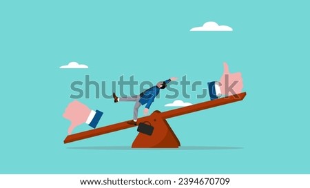 evaluation illustration with the concept of a businessman who falls off a seesaw because his thumb down is heavier than his thumb up, poor performance concept, client dissatisfaction illustration