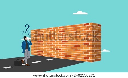 businessman facing the wall concept illustration, business obstacle and barrier concept, Businessman Stand with Dizzy Head front of High Brick Wall Face Difficulty on Way to Goal Achievement concept