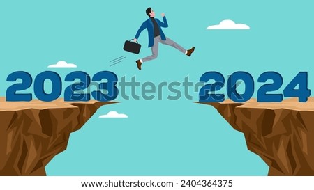 happy new year concept with businessman jumping from year 2023 to new year 2024 vector illustration suitable to describe about, business goal in 2024, business growth in new year 2024 illustration