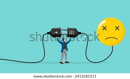 overworked or stressed at work, refresh or recover after tired at work, re charge yourself, restore enthusiasm for work, recharge mood, businessman connect plug with bad mood icon to power socket