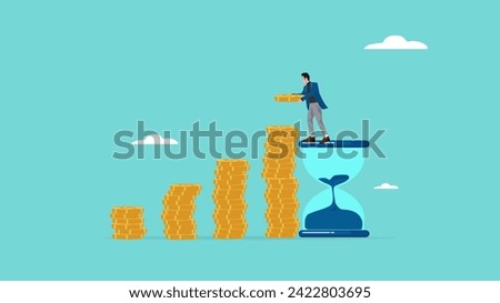 long term investment concept, Growth Earning From Compound Interest In Long Term Investing, businessman makes financial growth graph by stacking gold coins on top of hourglass vector illustration