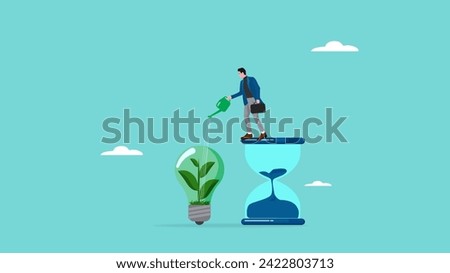 ESG, Environmental social and governance, sustainable business, industry using environmentally friendly energy or renewable energy, businessman watering sustainability light bulb on top of hourglass