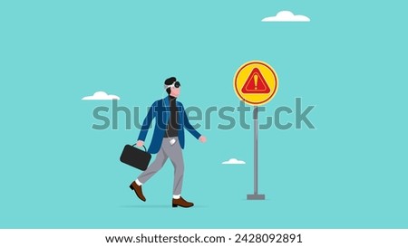 businessman walking while using AR  VR technology headset do not observe any danger signs on the road, dangers or negative impacts of advances in augmented and virtual reality technology illustration