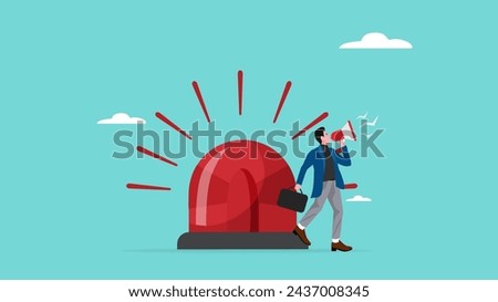 state of emergency declaration, provide emergency information to others as a precaution, warning about danger concept, businessman with megaphone giving instructions about current state of emergency