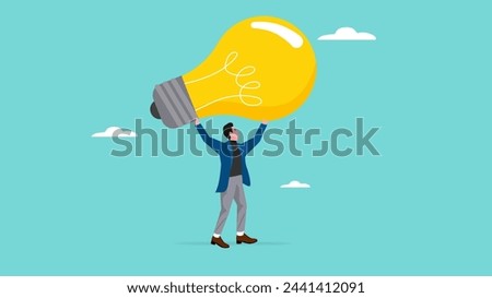 businessman bring big light bulb idea for new product idea or business opportunity, finding new idea, creativity or innovation to create new product, solution to solve problem or fix mistake concept