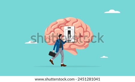 Turning off brain to relieve stress or problems, relaxation to relieve anxiety from your brain, Reduce stress concept, stress management, businessman turning off the switch in the human brain concept