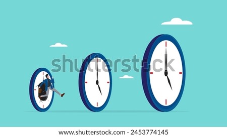 time management skills, successful time management as inspiration for the next time management, increasing expertise over time, businessman jumps through the small clock to the big one