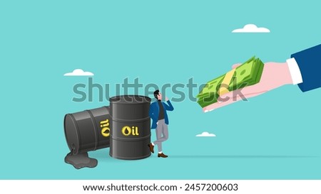 crude oil investment transactions, global petroleum buying and selling, buy crude oil stocks to make a profit, smart businessman haggling over the price of crude oil in barrels to exchange for dollars