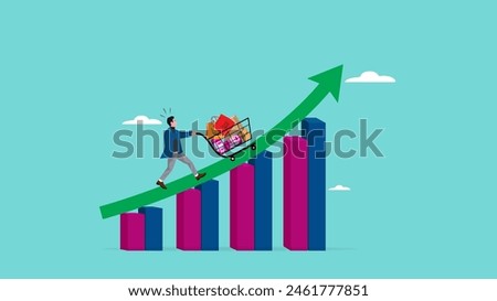 food price inflation, Inflation causing grocery price rising up, food or economic crisis that causes food prices rising up, Businessman push shopping carts filled with food items up the price chart