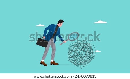 Analyze problems to find solutions or opportunities, look for the root cause of the problem, looking for the common thread of business problems, businessman examines messy lines with magnifying glass