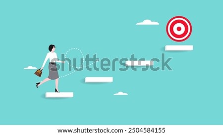 progress toward success or career success, journey to achieve target or business goal, personal development goal for work, way to achieve goal, businesswoman climbs the stairs towards her life's goals